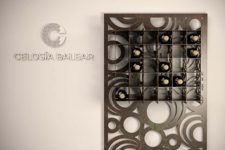 vista vertical del botellero metálico con diseño de círculos